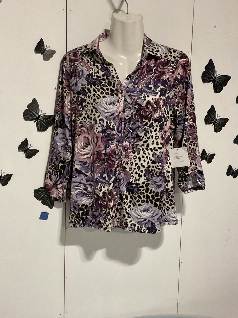 PerSeption Concept Purple Floral & Leopard Button-Down Top
